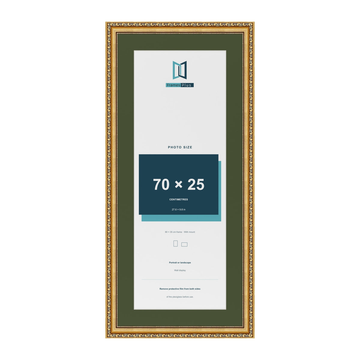 Louis Gold 80 x 35 cm picture frame with a green mount for a 70 x 25 cm photo