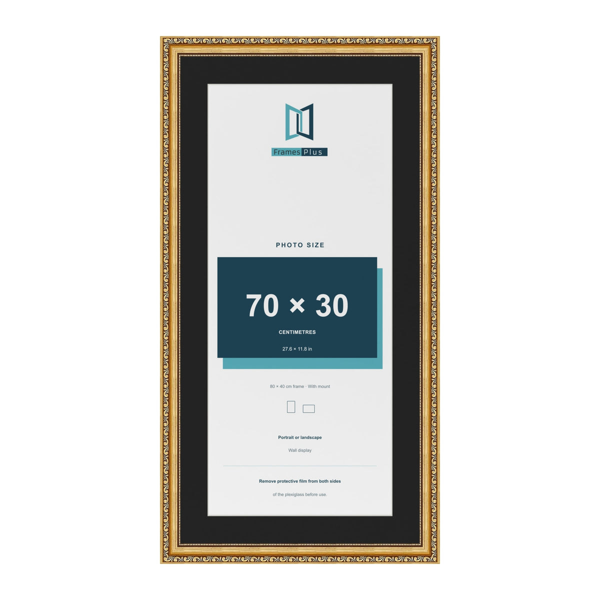 Louis Gold 80 x 40 cm picture frame with a black mount for a 70 x 30 cm photo