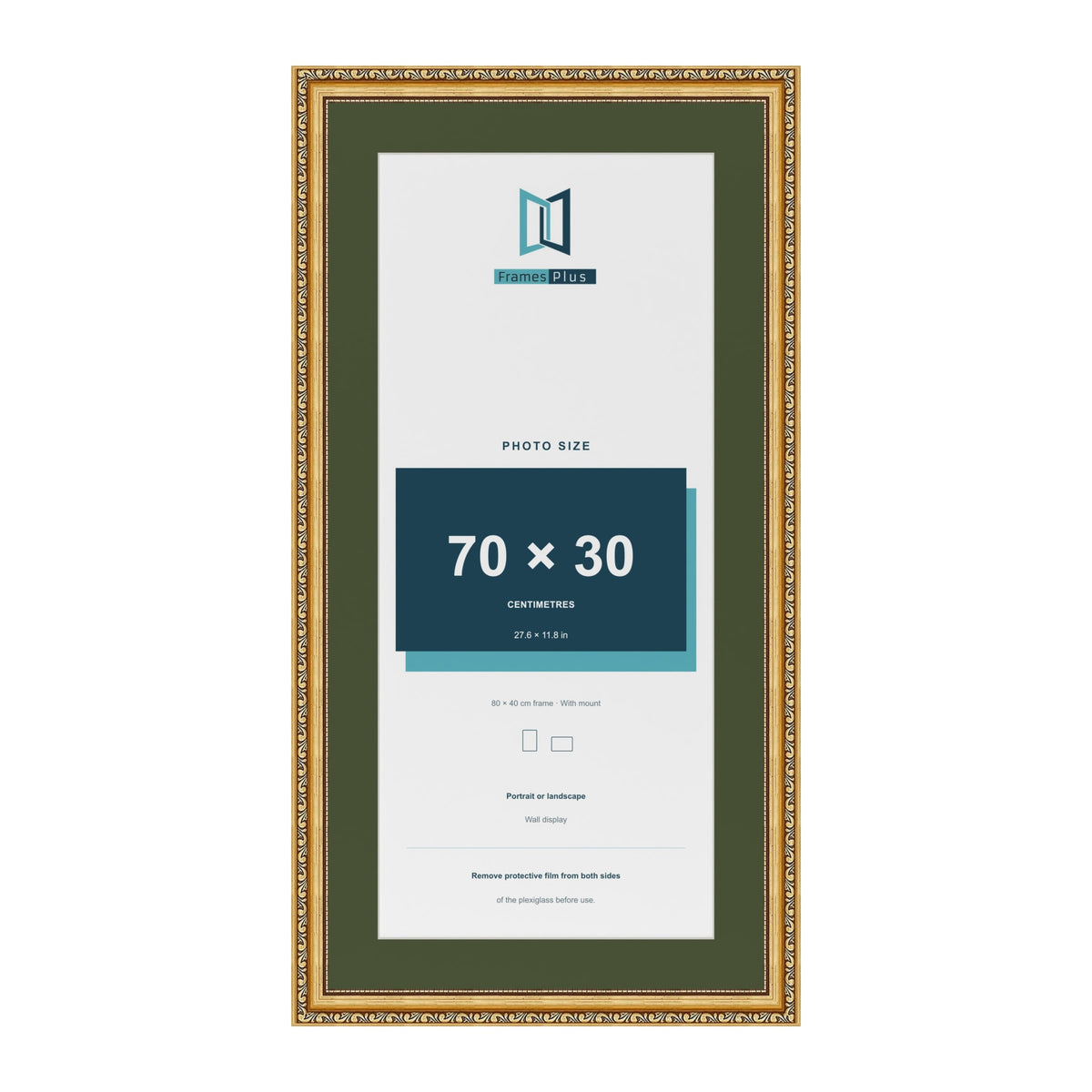 Louis Gold 80 x 40 cm picture frame with a green mount for a 70 x 30 cm photo