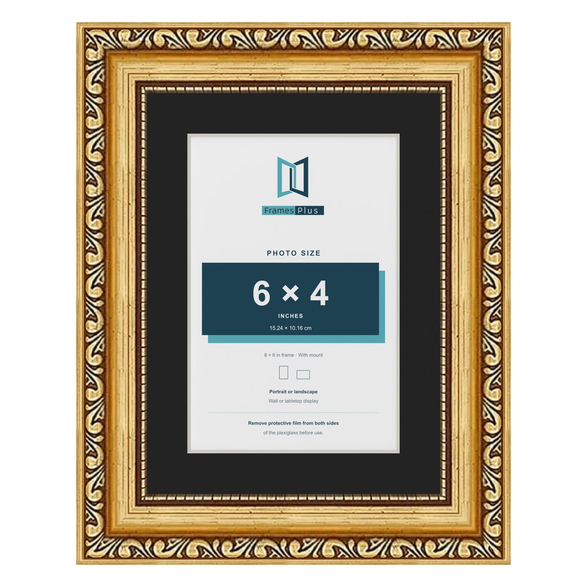 Louis Gold 8 x 6 inch picture frame with a black mount for a 6 x 4 inch photo