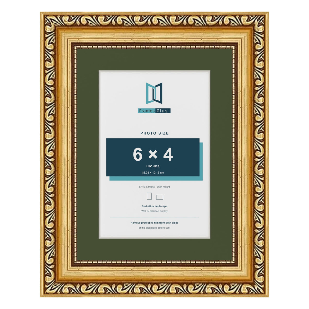 Louis Gold 8 x 6 inch picture frame with a green mount for a 6 x 4 inch photo