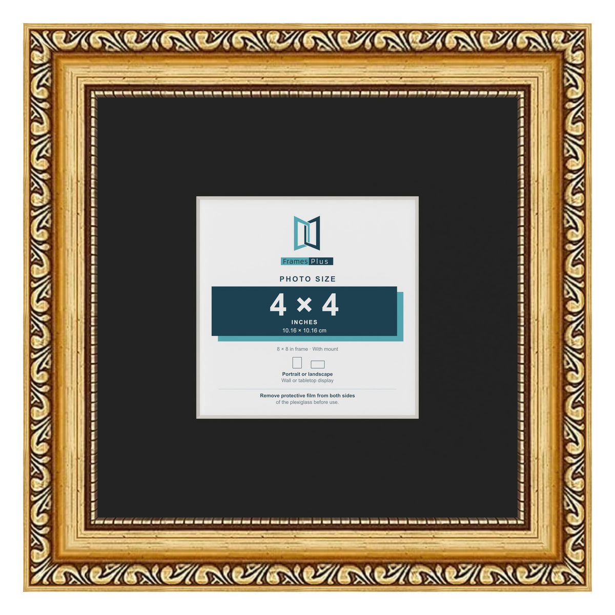 Louis Gold 8 x 8 inch picture frame with a black mount for a 4 x 4 inch photo