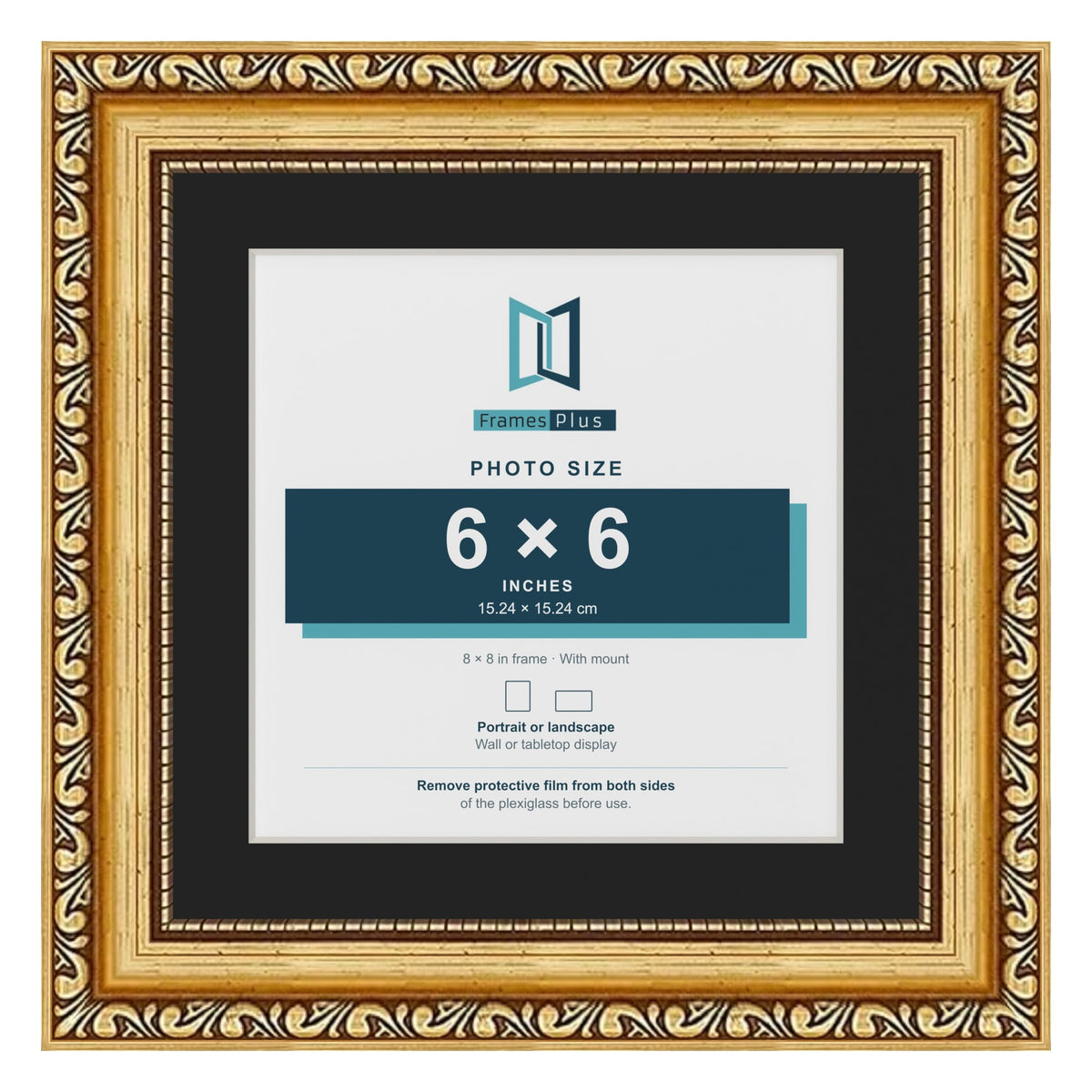 Louis Gold 8 x 8 inch picture frame with a black mount for a 6 x 6 inch photo