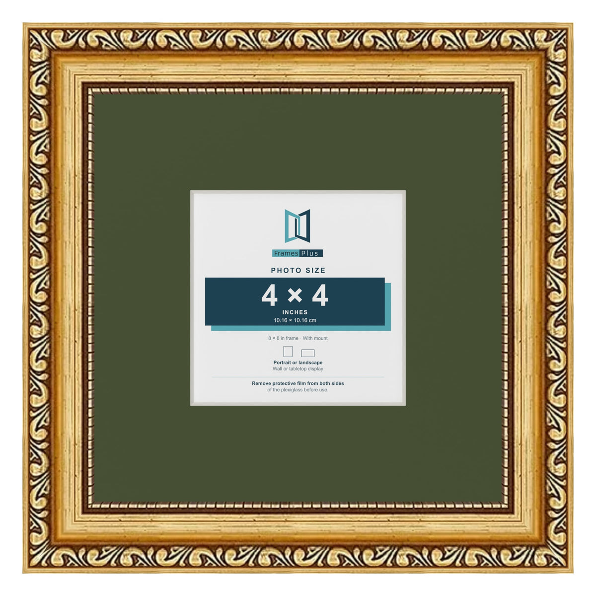 Louis Gold 8 x 8 inch picture frame with a green mount for a 4 x 4 inch photo