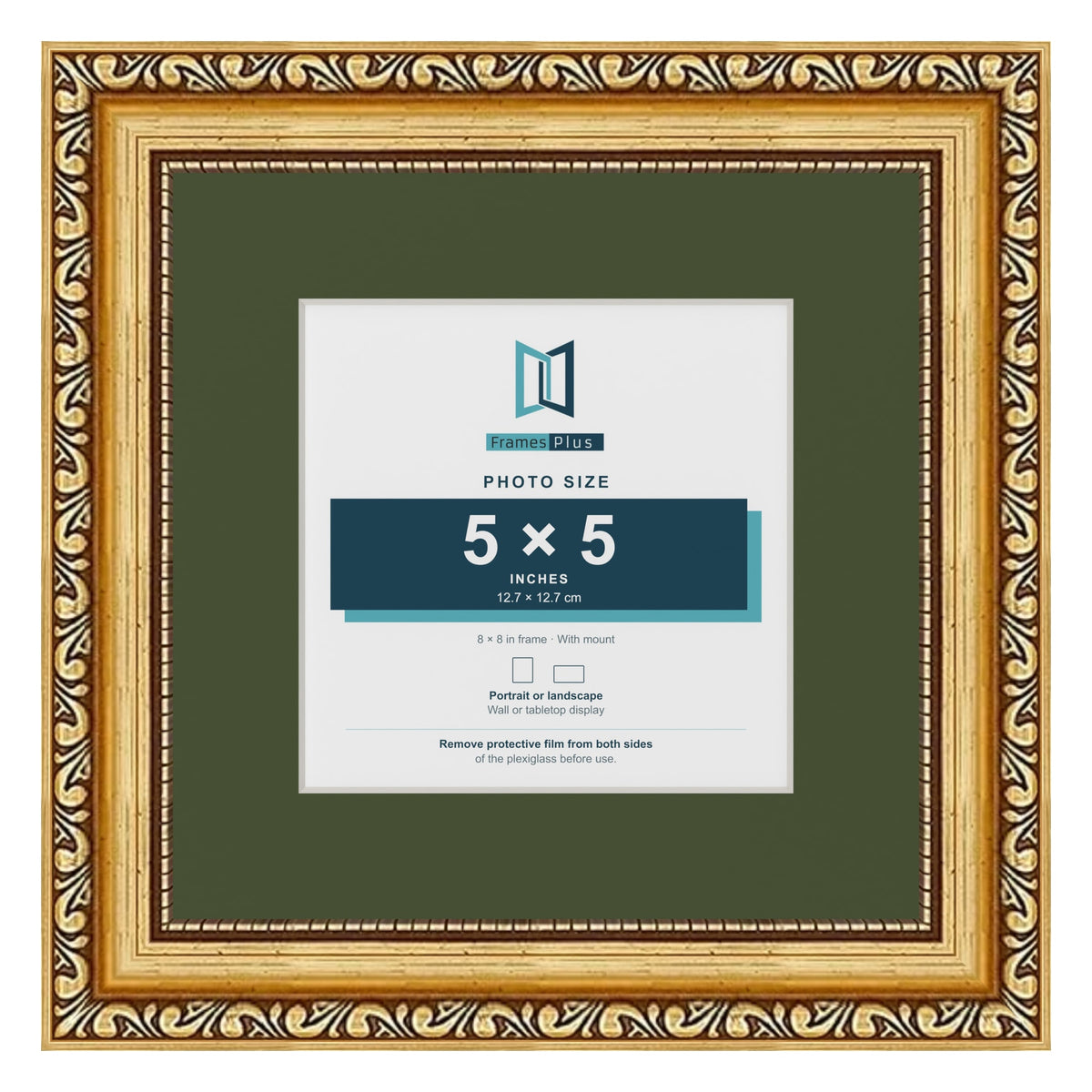 Louis Gold 8 x 8 inch picture frame with a green mount for a 5 x 5 inch photo