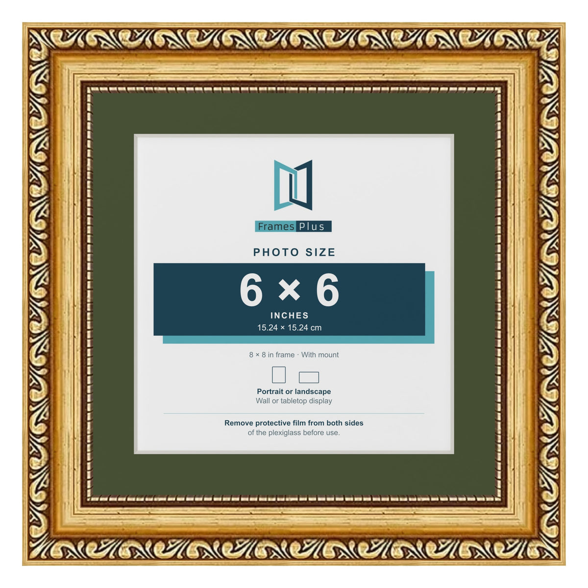 Louis Gold 8 x 8 inch picture frame with a green mount for a 6 x 6 inch photo