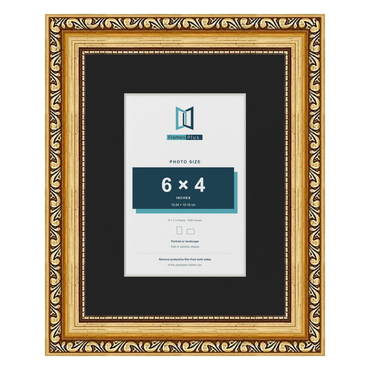 Louis Gold 9 x 7 inch picture frame with a black mount for a 6 x 4 inch photo