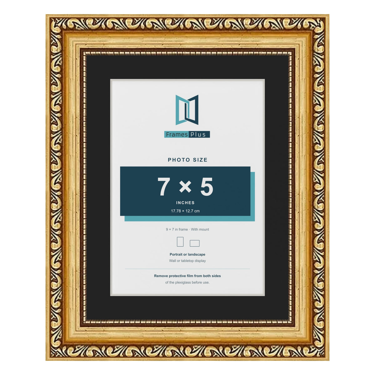 Louis Gold 9 x 7 inch picture frame with a black mount for a 7 x 5 inch photo
