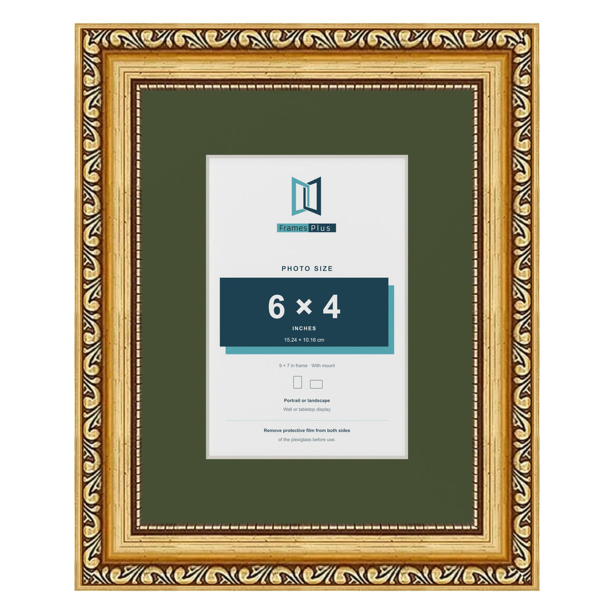 Louis Gold 9 x 7 inch picture frame with a green mount for a 6 x 4 inch photo