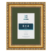 Louis Gold 9 x 7 inch picture frame with a green mount for a 6 x 4 inch photo