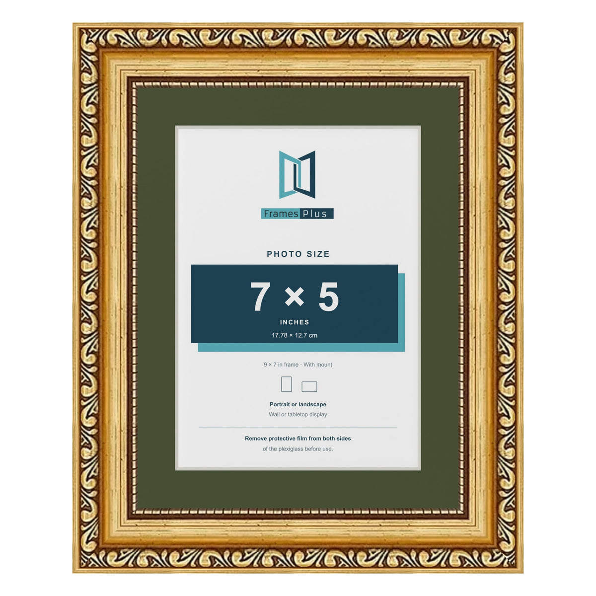 Louis Gold 9 x 7 inch picture frame with a green mount for a 7 x 5 inch photo