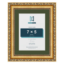 Louis Gold 9 x 7 inch picture frame with a green mount for a 7 x 5 inch photo