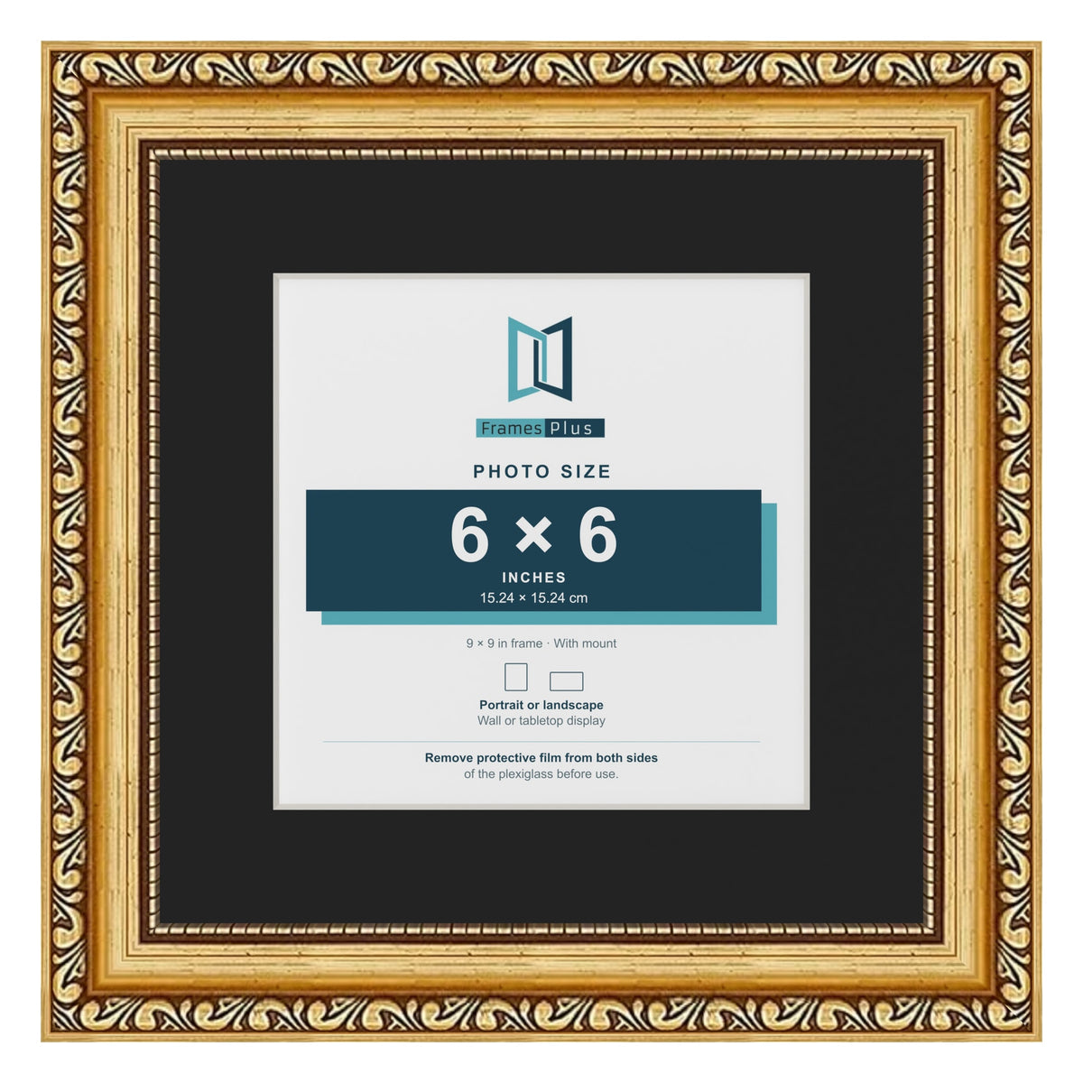 Louis Gold 9 x 9 inch picture frame with a black mount for a 6 x 6 inch photo