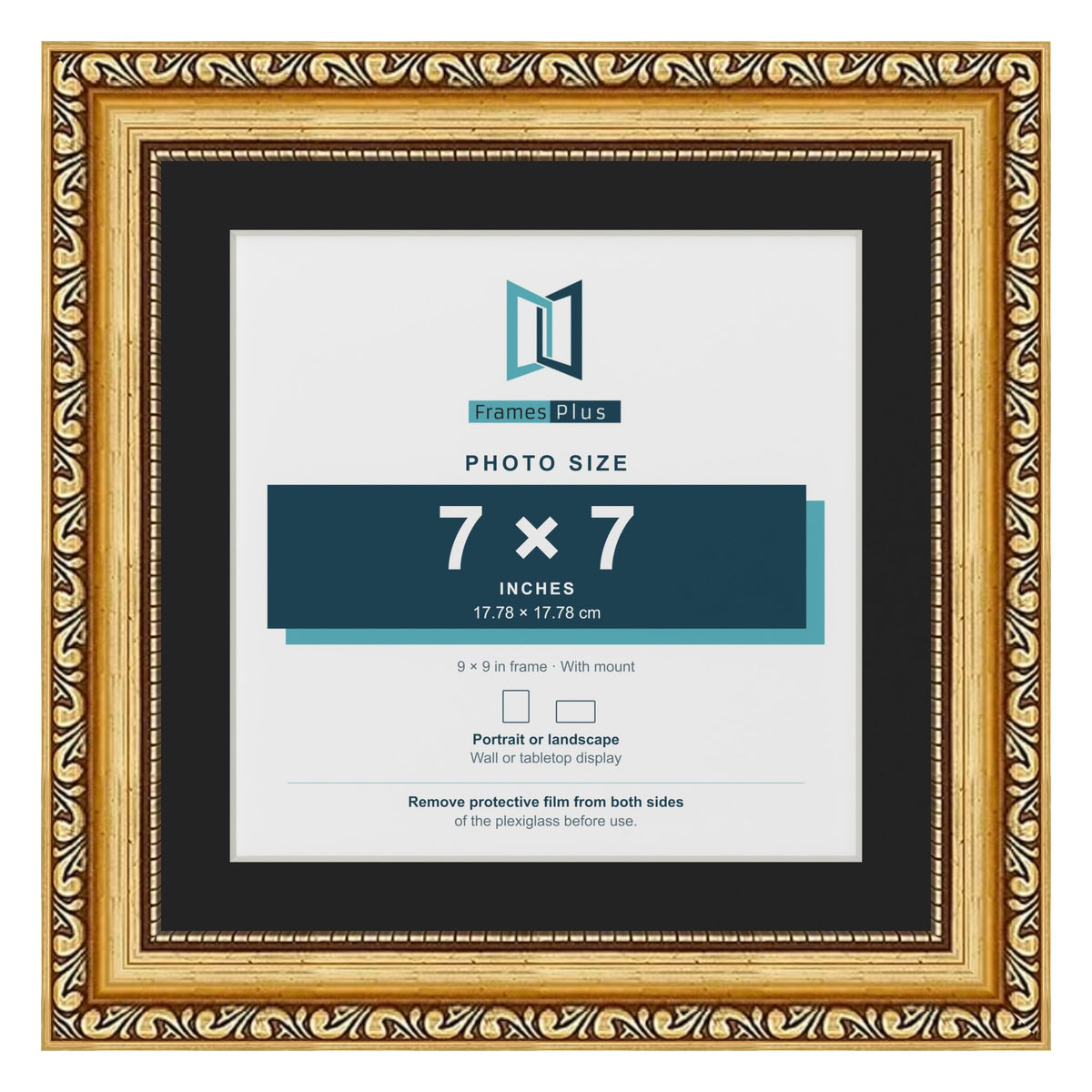 Louis Gold 9 x 9 inch picture frame with a black mount for a 7 x 7 inch photo