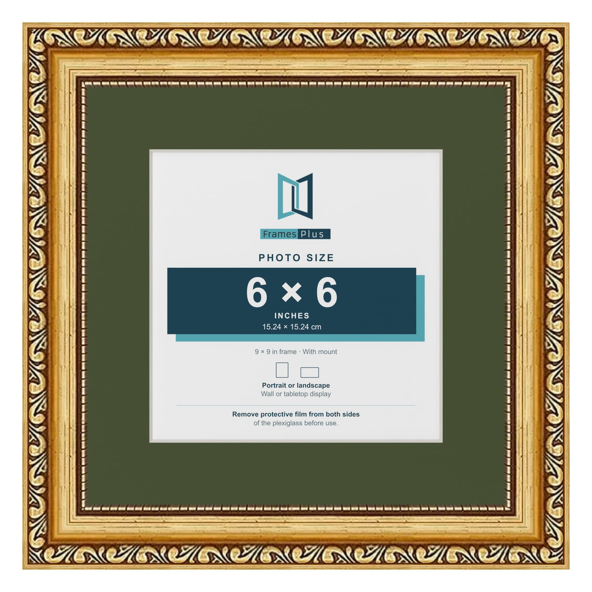 Louis Gold 9 x 9 inch picture frame with a green mount for a 6 x 6 inch photo