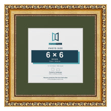 Louis Gold 9 x 9 inch picture frame with a green mount for a 6 x 6 inch photo