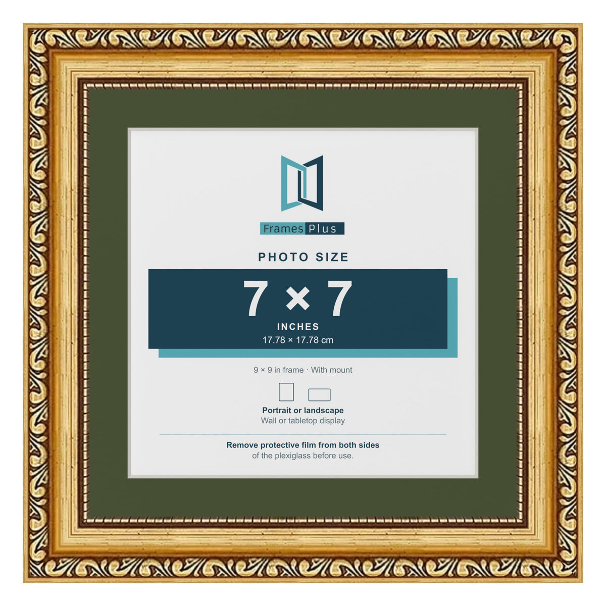 Louis Gold 9 x 9 inch picture frame with a green mount for a 7 x 7 inch photo