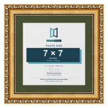 Louis Gold 9 x 9 inch picture frame with a green mount for a 7 x 7 inch photo