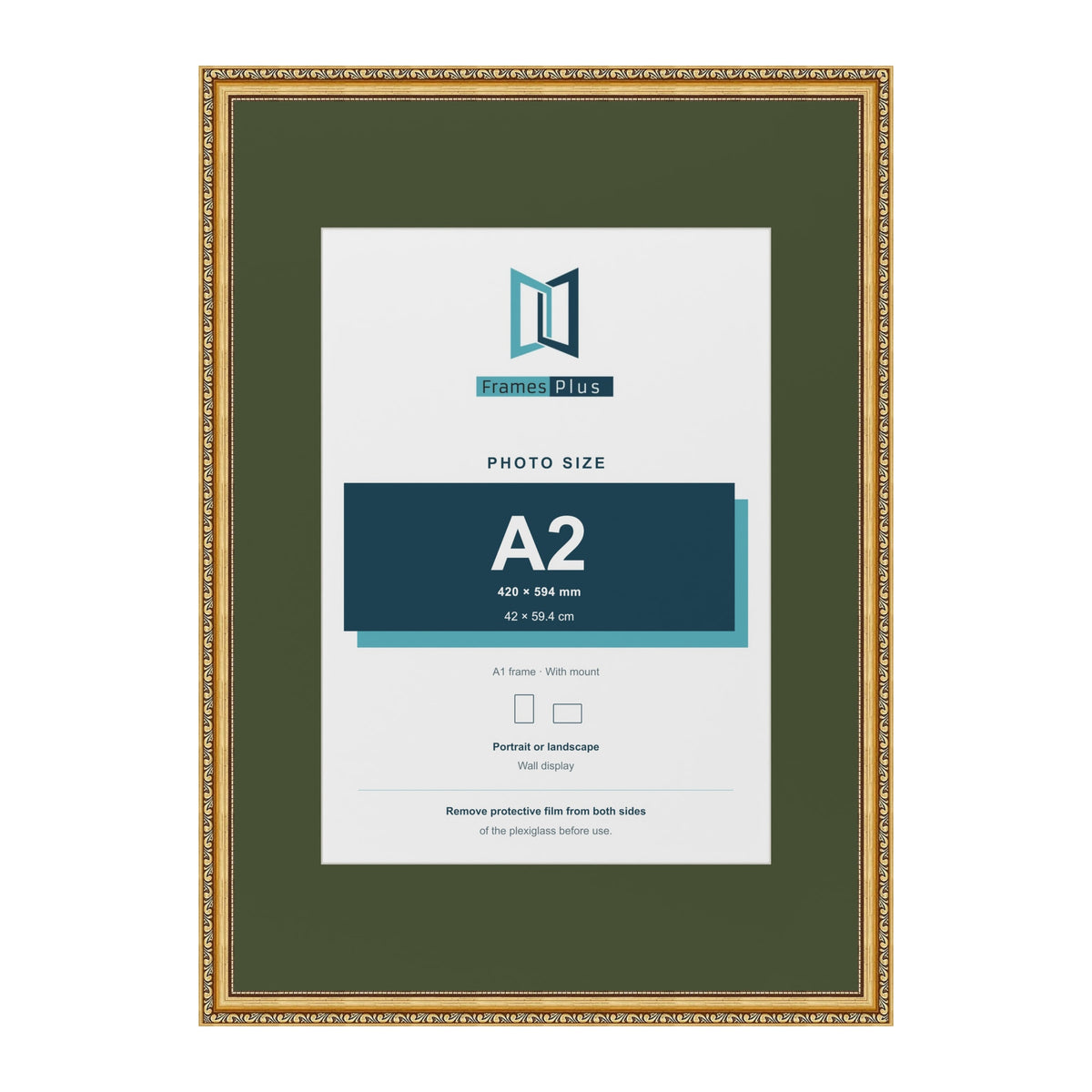 Louis Gold A1 picture frame with a green mount for an A2 photo