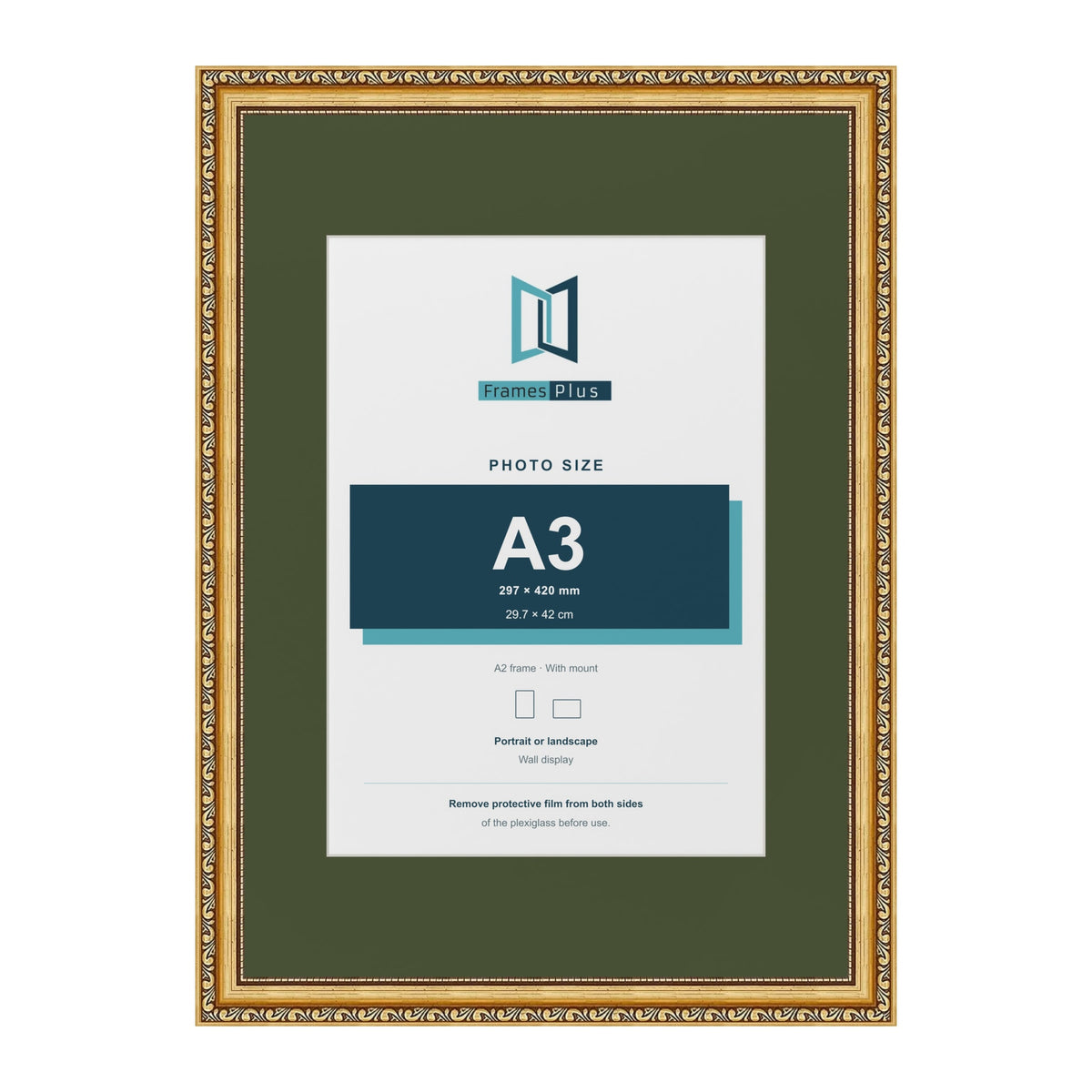 Louis Gold A2 picture frame with a green mount for an A3 photo