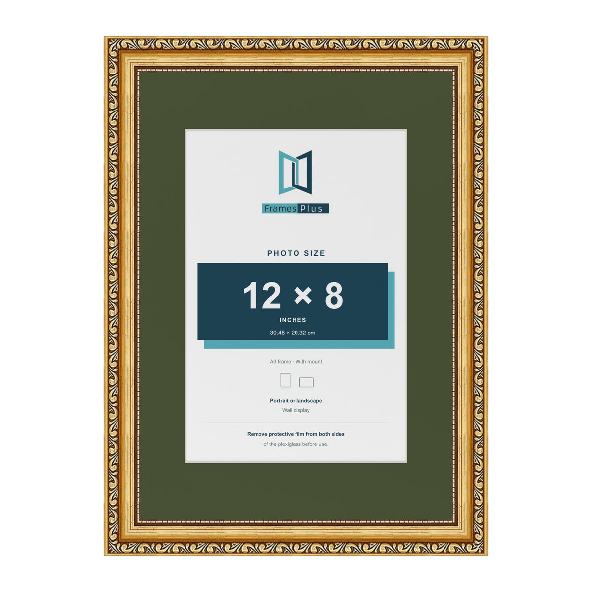 Louis Gold A3 picture frame with a green mount for a 12 x 8 inch photo