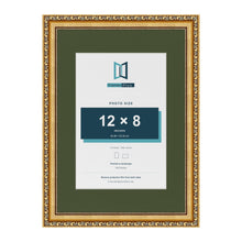 Louis Gold A3 picture frame with a green mount for a 12 x 8 inch photo