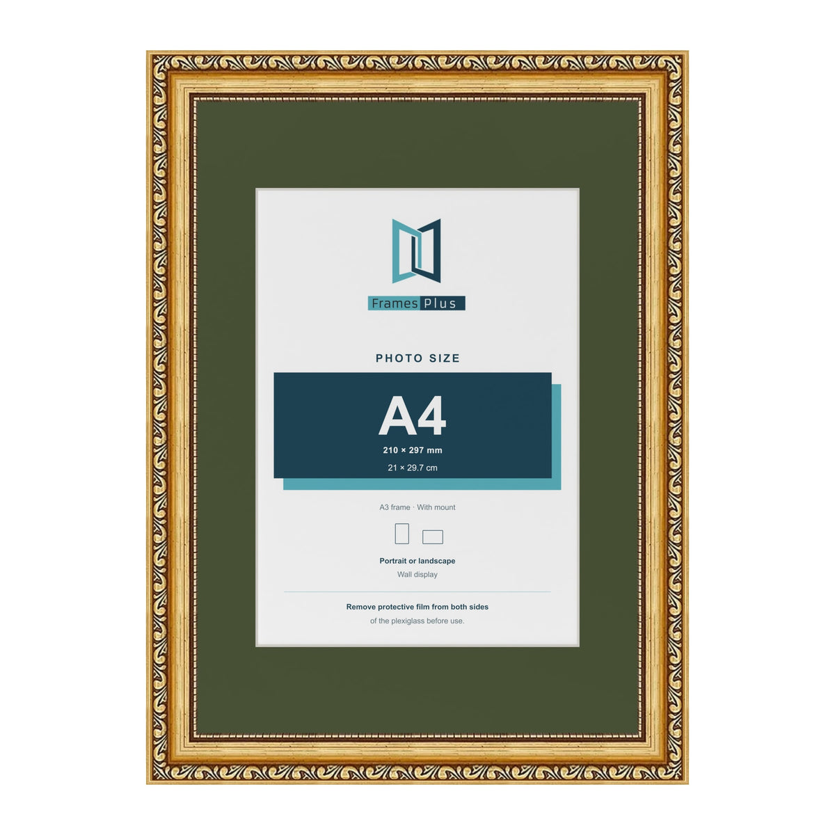 Louis Gold A3 picture frame with a green mount for an A4 photo