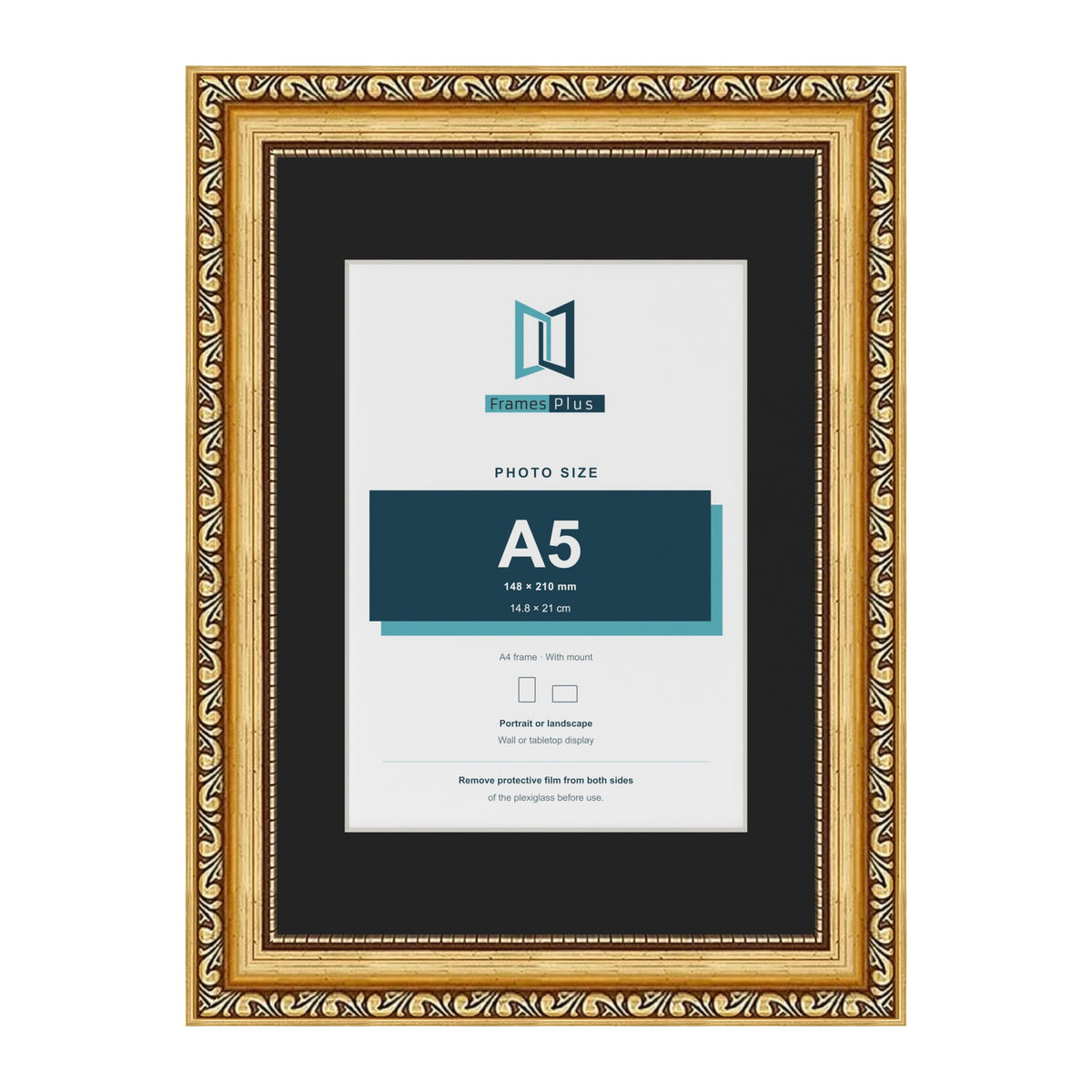 Louis Gold A4 picture frame with a black mount for an A5 photo