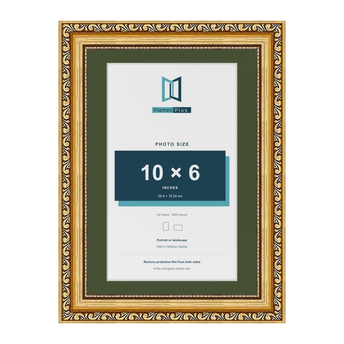 Louis Gold A4 picture frame with a green mount for a 10 x 6 inch photo