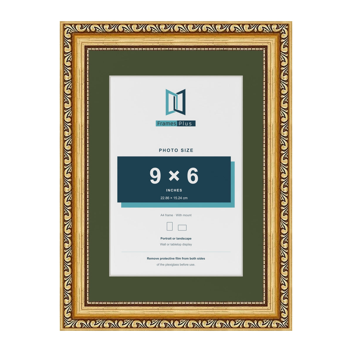 Louis Gold A4 picture frame with a green mount for a 9 x 6 inch photo