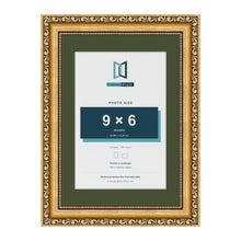 Louis Gold A4 picture frame with a green mount for a 9 x 6 inch photo