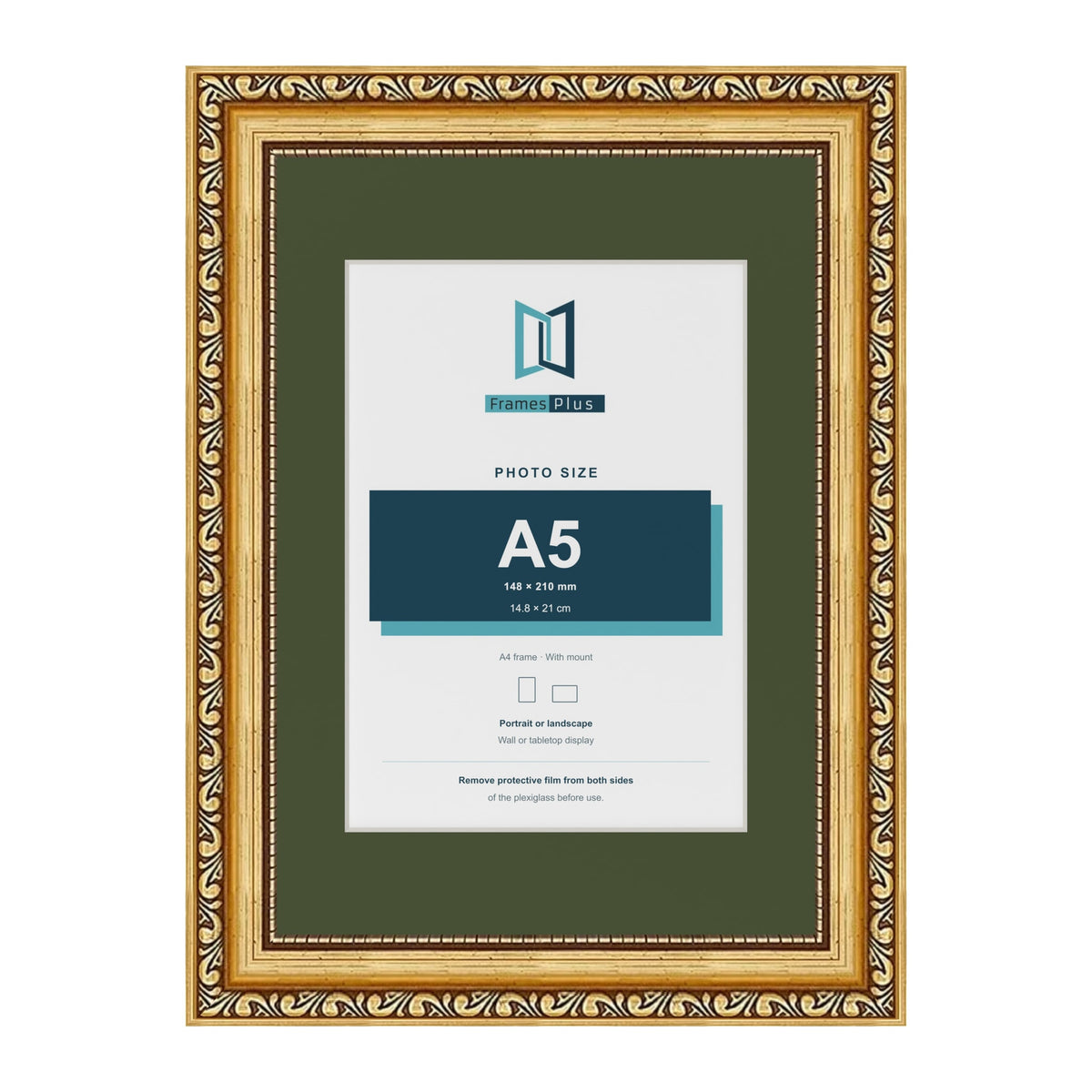 Louis Gold A4 picture frame with a green mount for an A5 photo