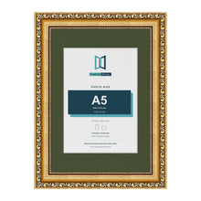 Louis Gold A4 picture frame with a green mount for an A5 photo