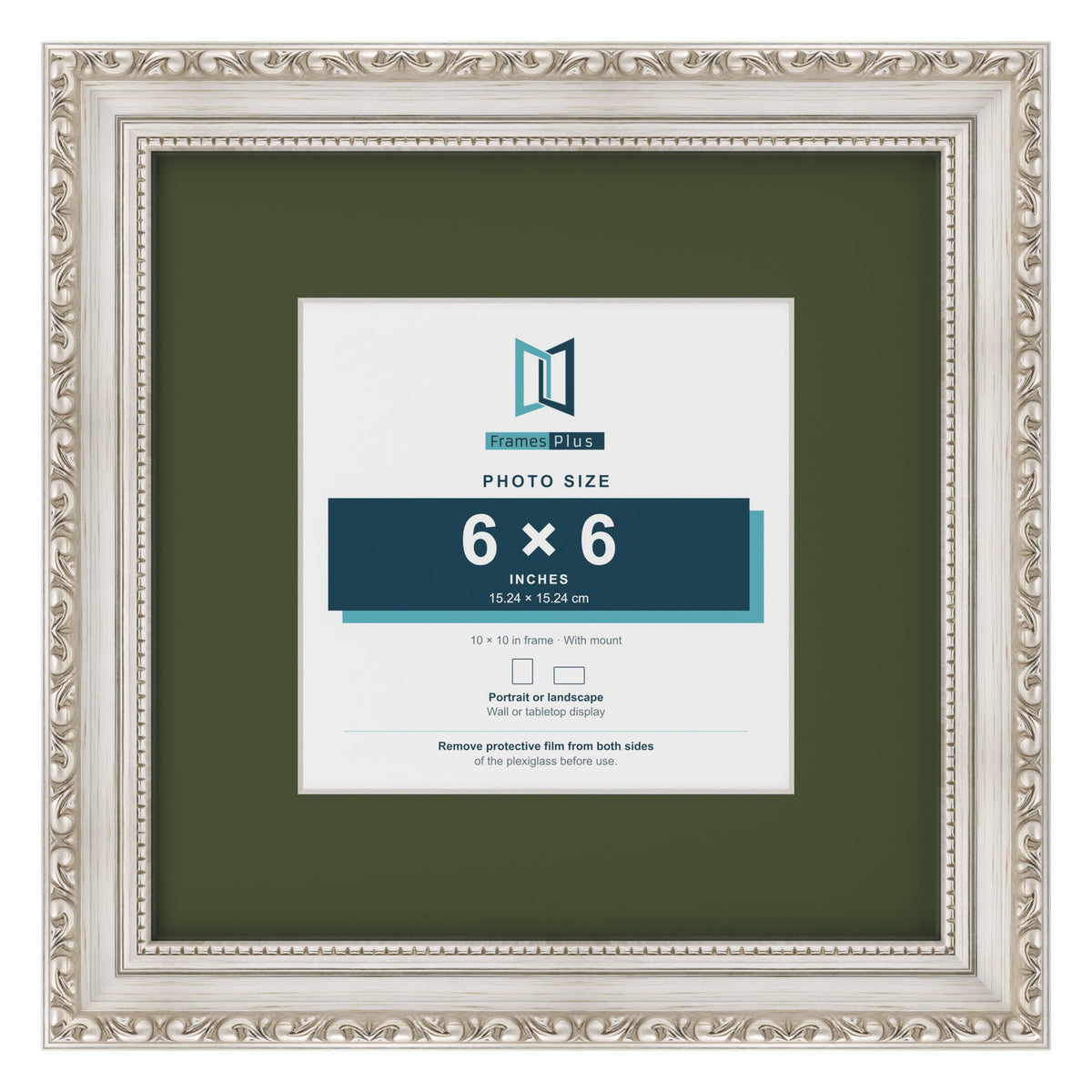 Louis Silver 10 x 10 inch picture frame with a green mount for a 6 x 6 inch photo