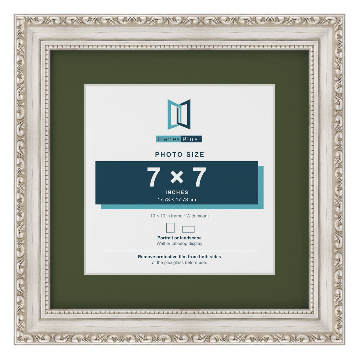 Louis Silver 10 x 10 inch picture frame with a green mount for a 7 x 7 inch photo