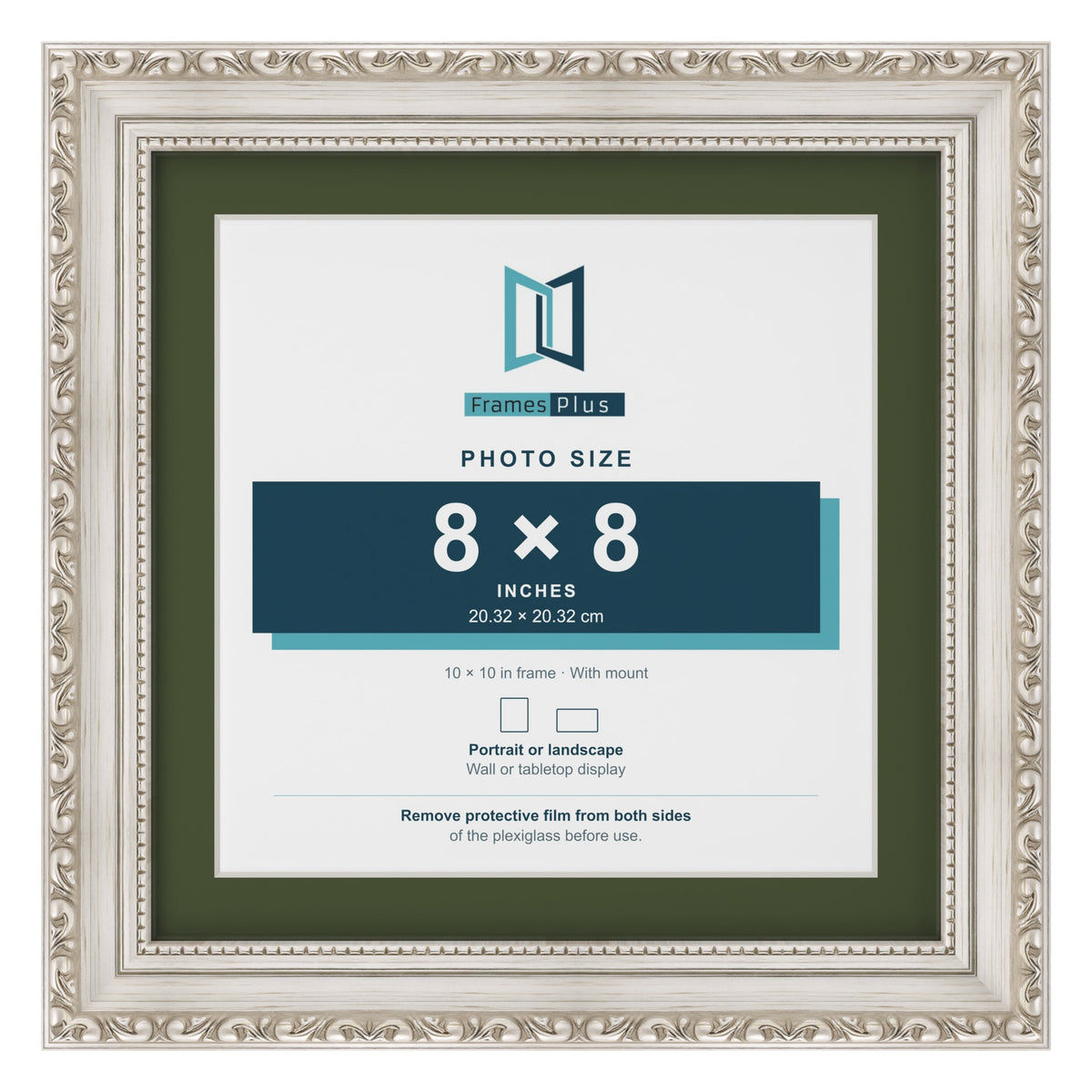 Louis Silver 10 x 10 inch picture frame with a green mount for an 8 x 8 inch photo