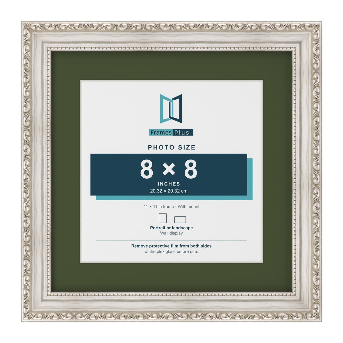 Louis Silver 11 x 11 inch picture frame with a green mount for an 8 x 8 inch photo