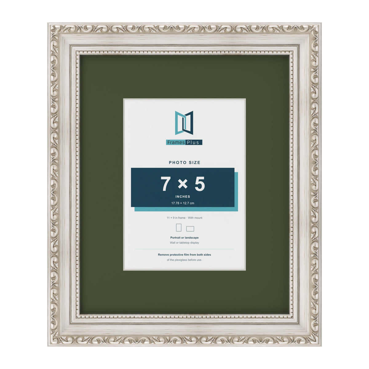 Louis Silver 11 x 9 inch picture frame with a green mount for a 7 x 5 inch photo