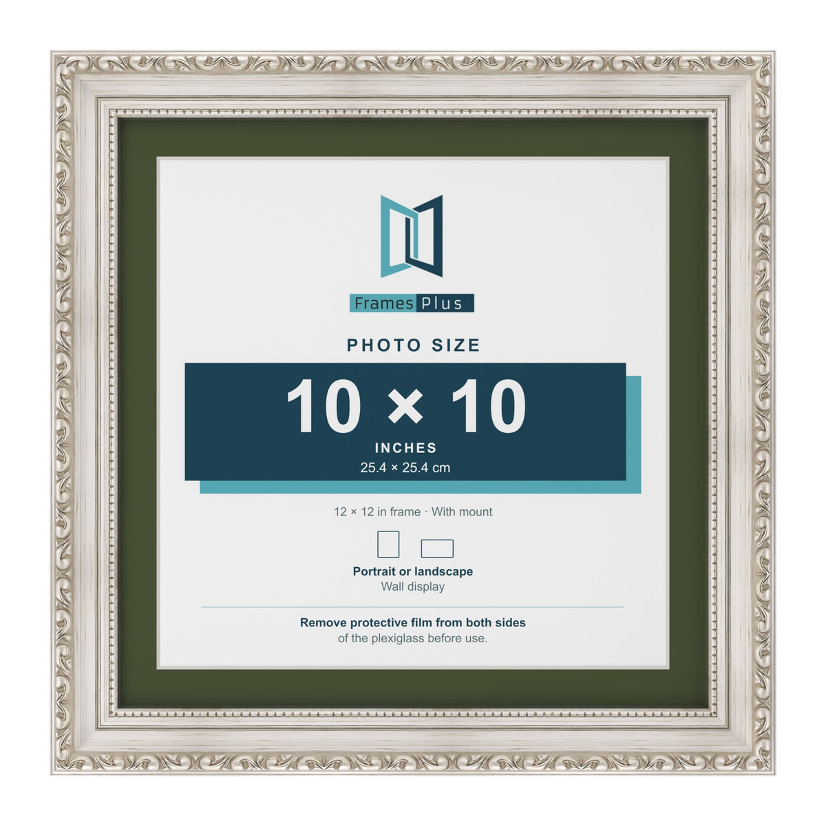 Louis Silver 12 x 12 inch picture frame with a green mount for a 10 x 10 inch photo