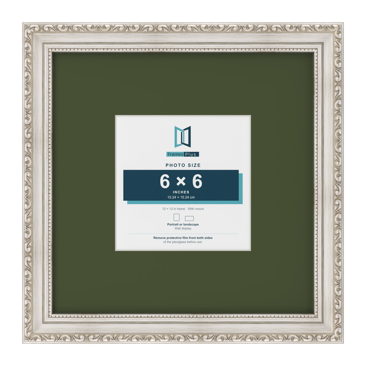 Louis Silver 12 x 12 inch picture frame with a green mount for a 6 x 6 inch photo