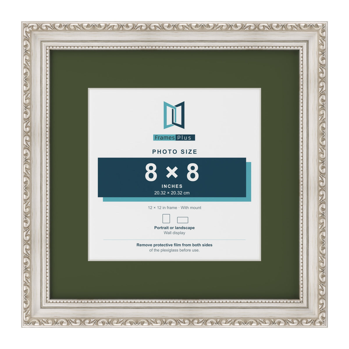Louis Silver 12 x 12 inch picture frame with a green mount for an 8 x 8 inch photo