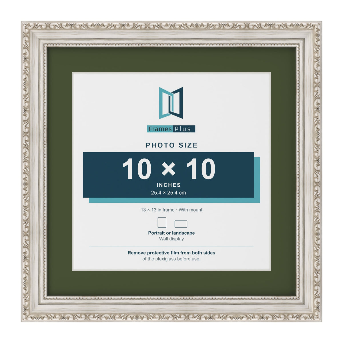 Louis Silver 13 x 13 inch picture frame with a green mount for a 10 x 10 inch photo