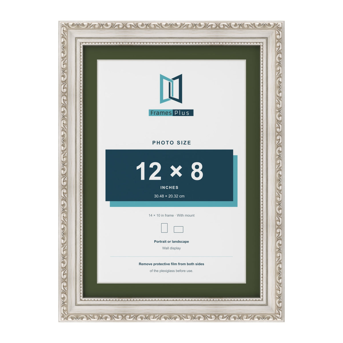 Louis Silver 14 x 10 inch picture frame with a green mount for a 12 x 8 inch photo