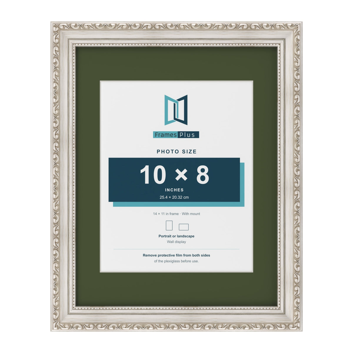 Louis Silver 14 x 11 inch picture frame with a green mount for a 10 x 8 inch photo