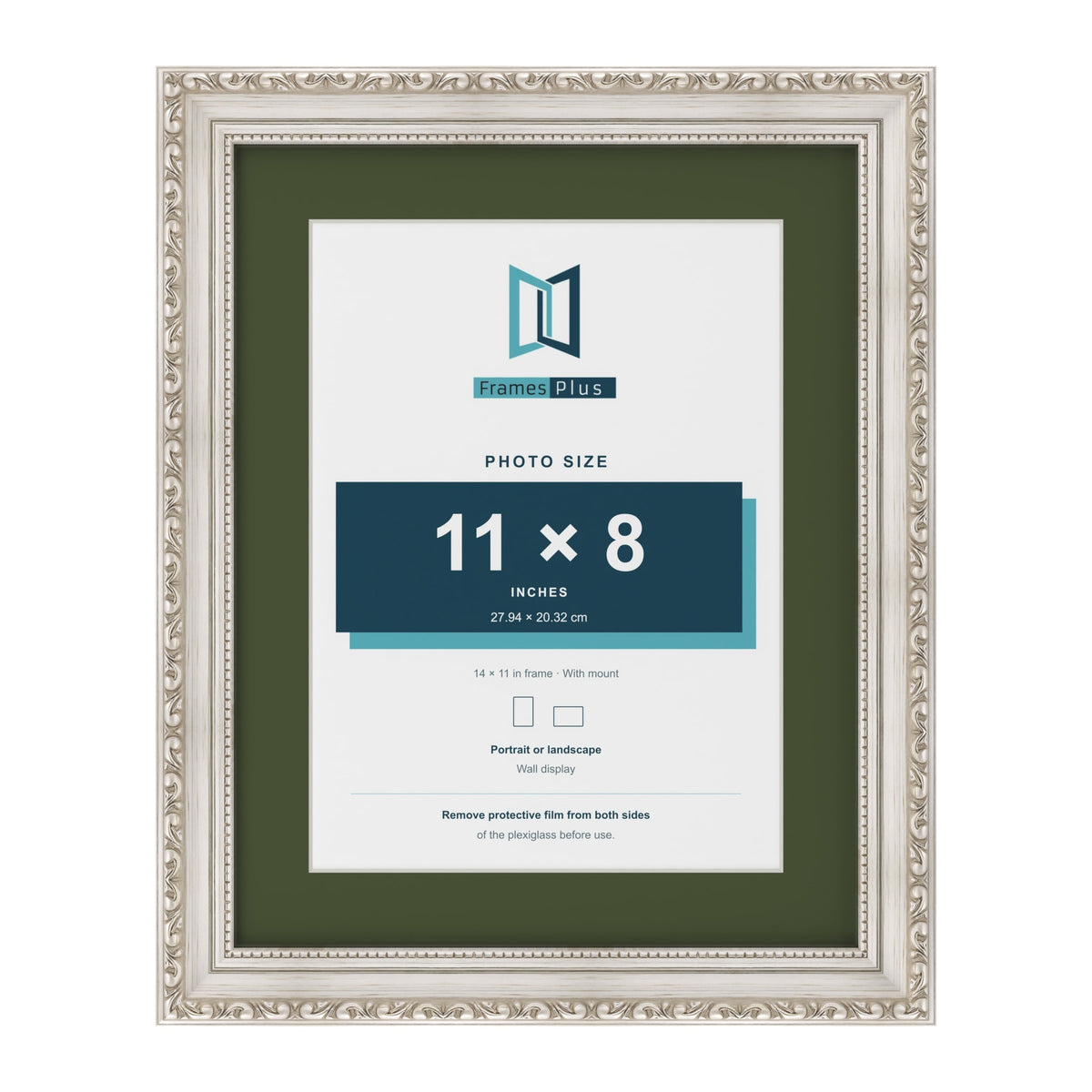 Louis Silver 14 x 11 inch picture frame with a green mount for an 11 x 8 inch photo