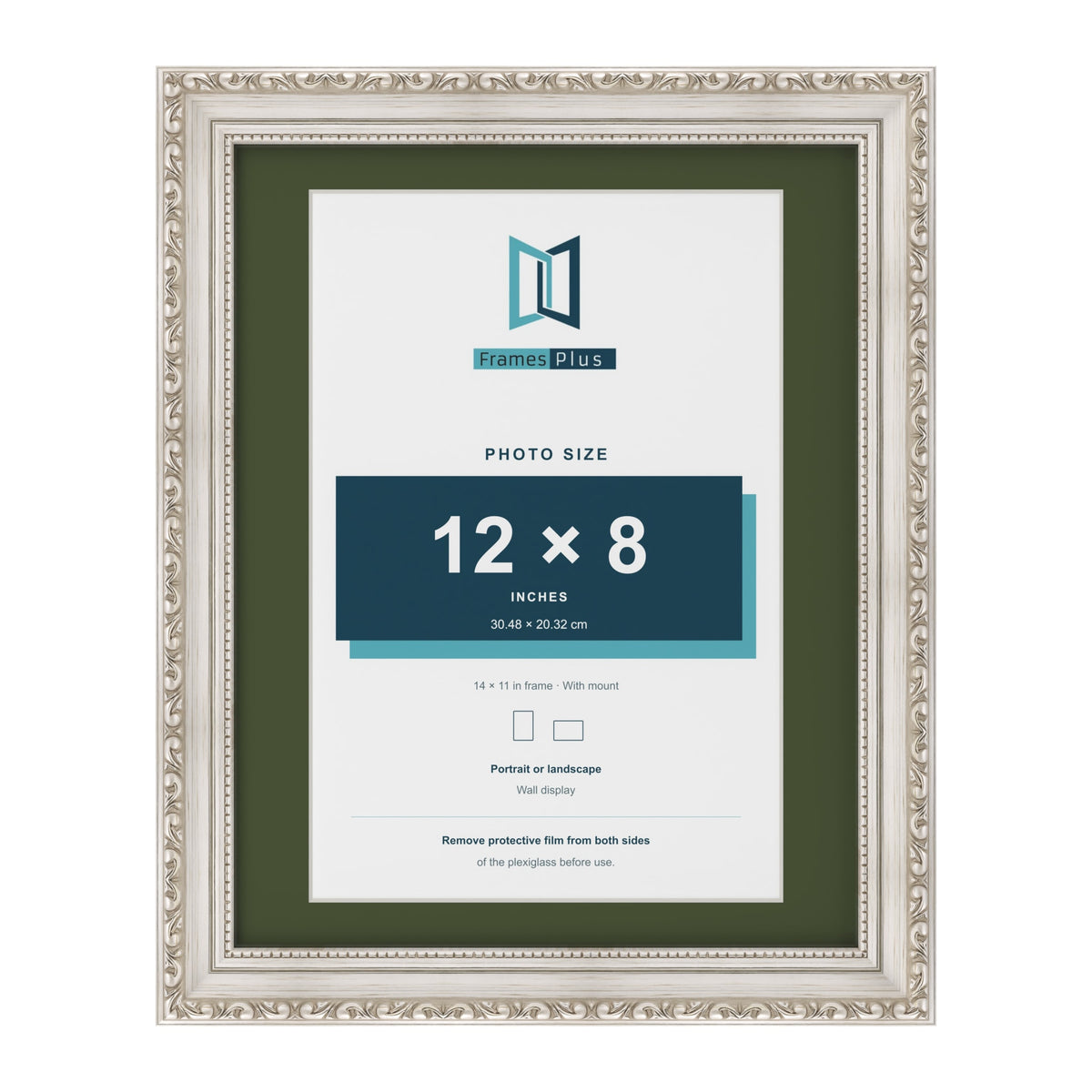 Louis Silver 14 x 11 inch picture frame with a green mount for a 12 x 8 inch photo