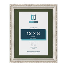 Louis Silver 14 x 11 inch picture frame with a green mount for a 12 x 8 inch photo