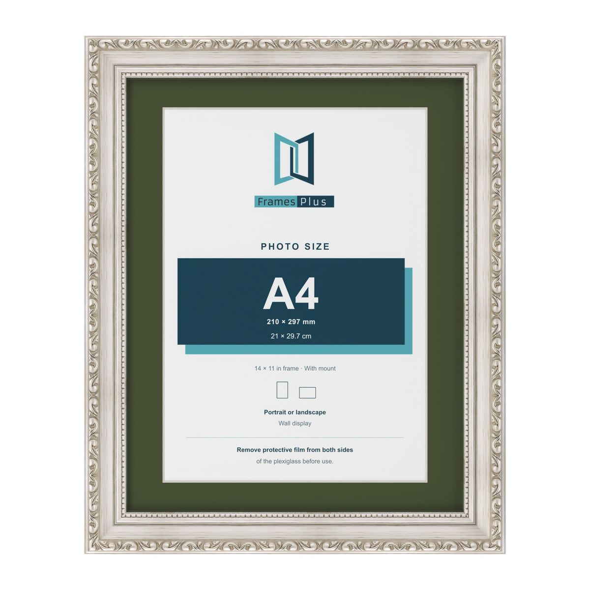 Louis Silver 14 x 11 inch picture frame with a green mount for an A4 photo