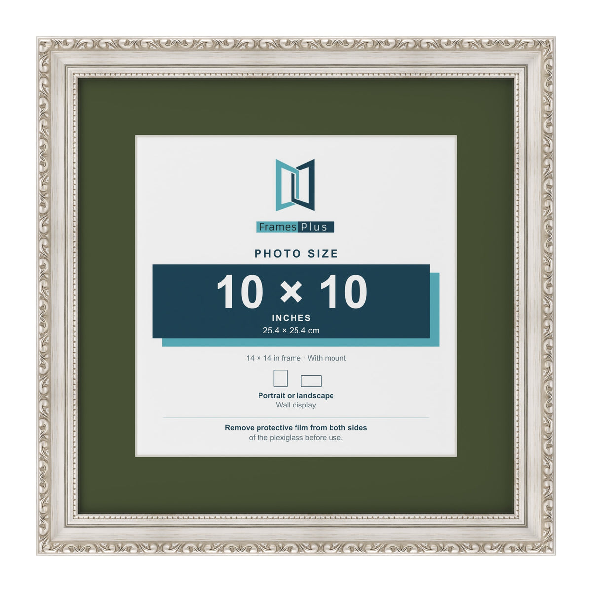 Louis Silver 14 x 14 inch picture frame with a green mount for a 10 x 10 inch photo