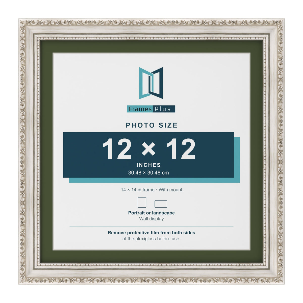 Louis Silver 14 x 14 inch picture frame with a green mount for a 12 x 12 inch photo